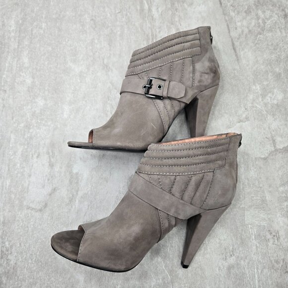 Peep Toe High Heel Boots Suede Gray Quilted Buckle Moto Dress Ankle Booties Sz 7 - Picture 6 of 12